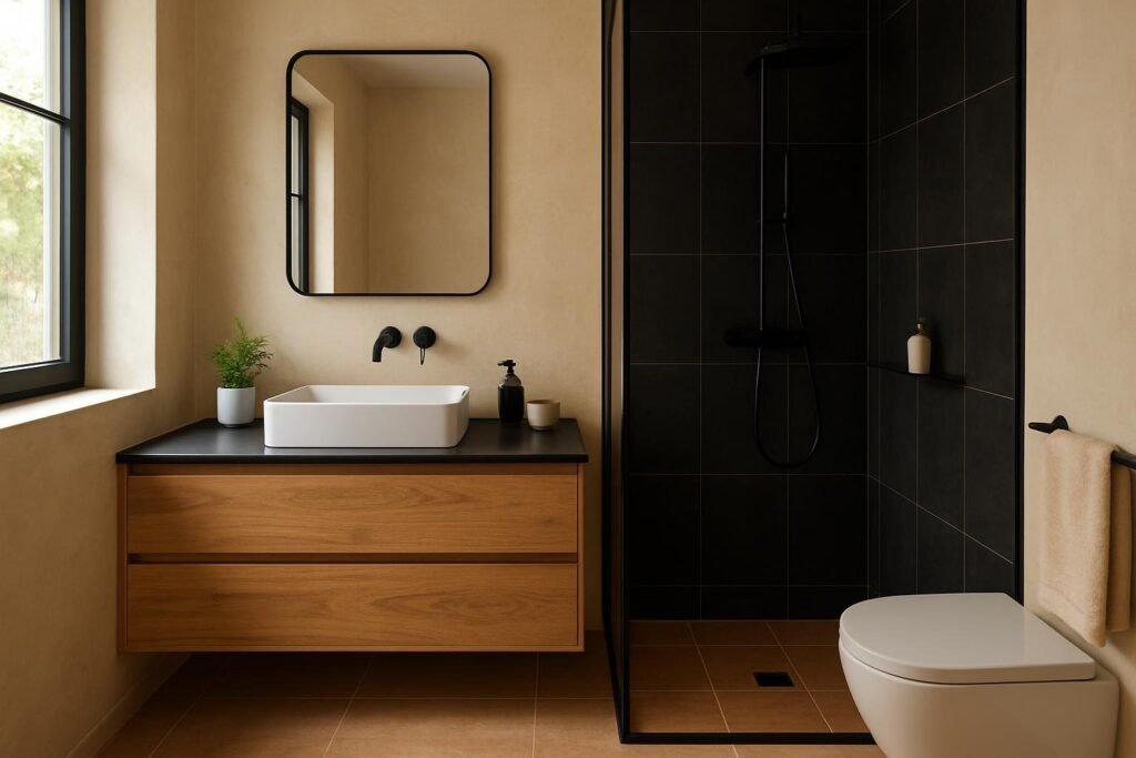 baños en negro y madera