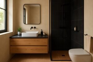baños en negro y madera